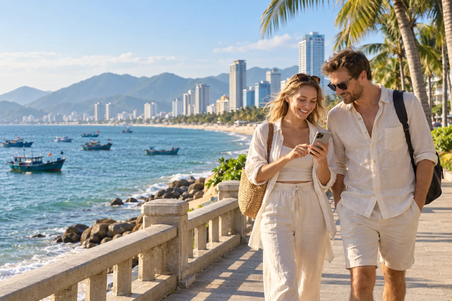Ảnh AI minh họa khách Nga tìm thông tin trên điện thoại tại bờ biển Nha Trang