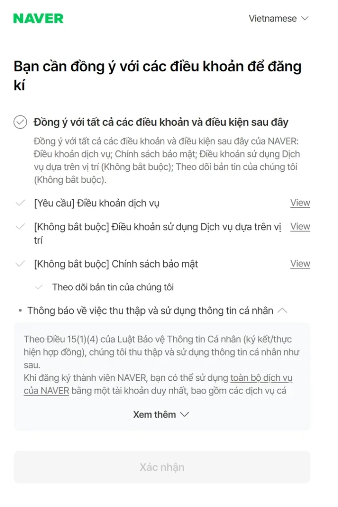 Trang đồng ý điều khoản khi tạo tài khoản Naver, giao diện tiếng Việt