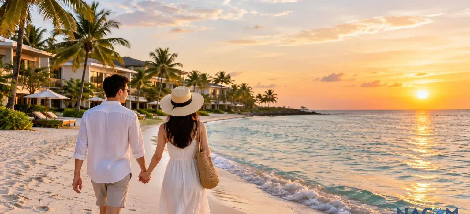 Cặp đôi du khách Hàn Quốc dạo biển trước một resort ở Phú Quốc lúc hoàng hôn