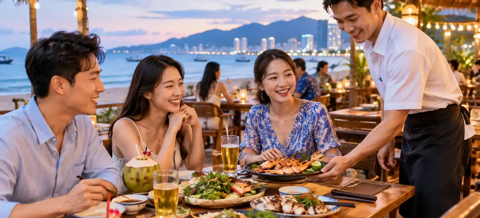Nhóm du khách Hàn Quốc ăn hải sản tại nhà hàng ven biển Nha Trang