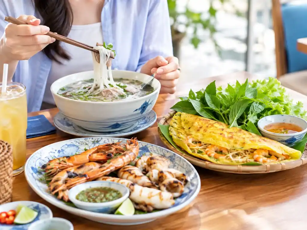 Bàn ăn món Việt gồm phở, bánh xèo và hải sản nướng của du khách Hàn Quốc